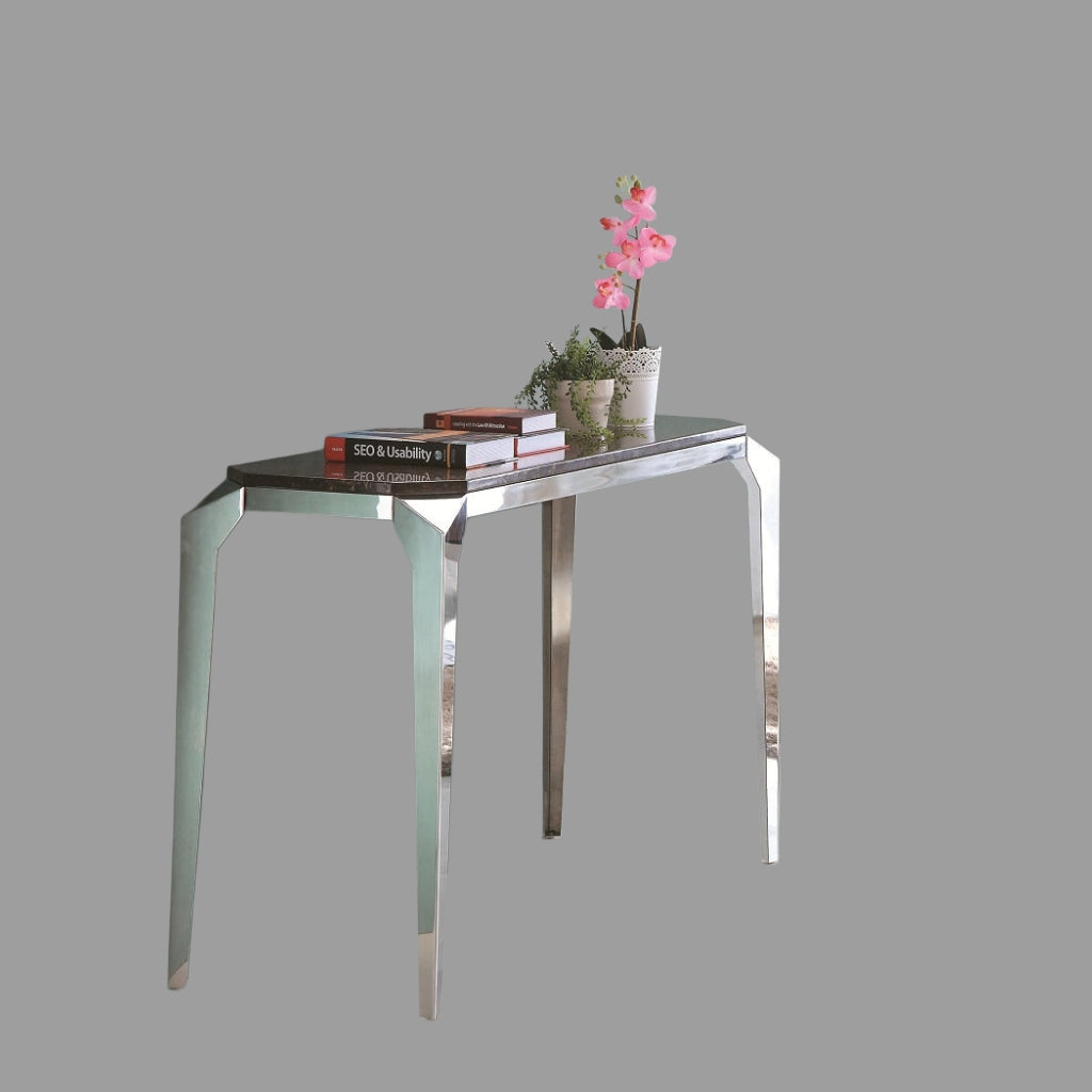 Xezal Mirror Polished Stainless Steel Console with Brown Marble Top (Pick up only)