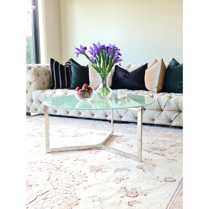 Olan Mirror Polished Stainless Steel Coffee Table with White Glass Top (pick up only)