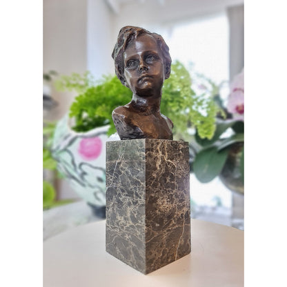 Bronze Sculpture Bust of a Boy Cherub on Marble Base