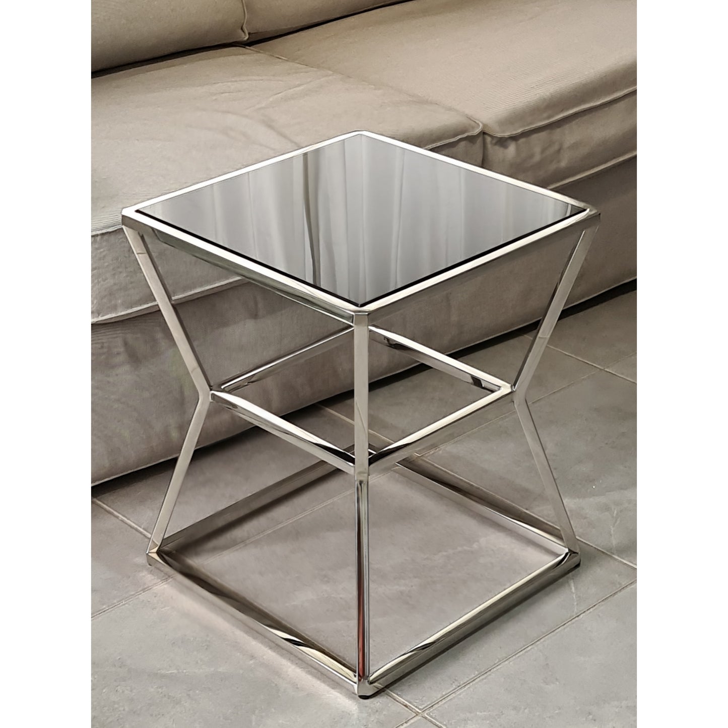 Soma Polished Stainless Steel Side Table with Black Tempered Glass