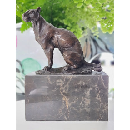   African Lion,Leopard, Cougar Bronze Sculpture On Marble Base 