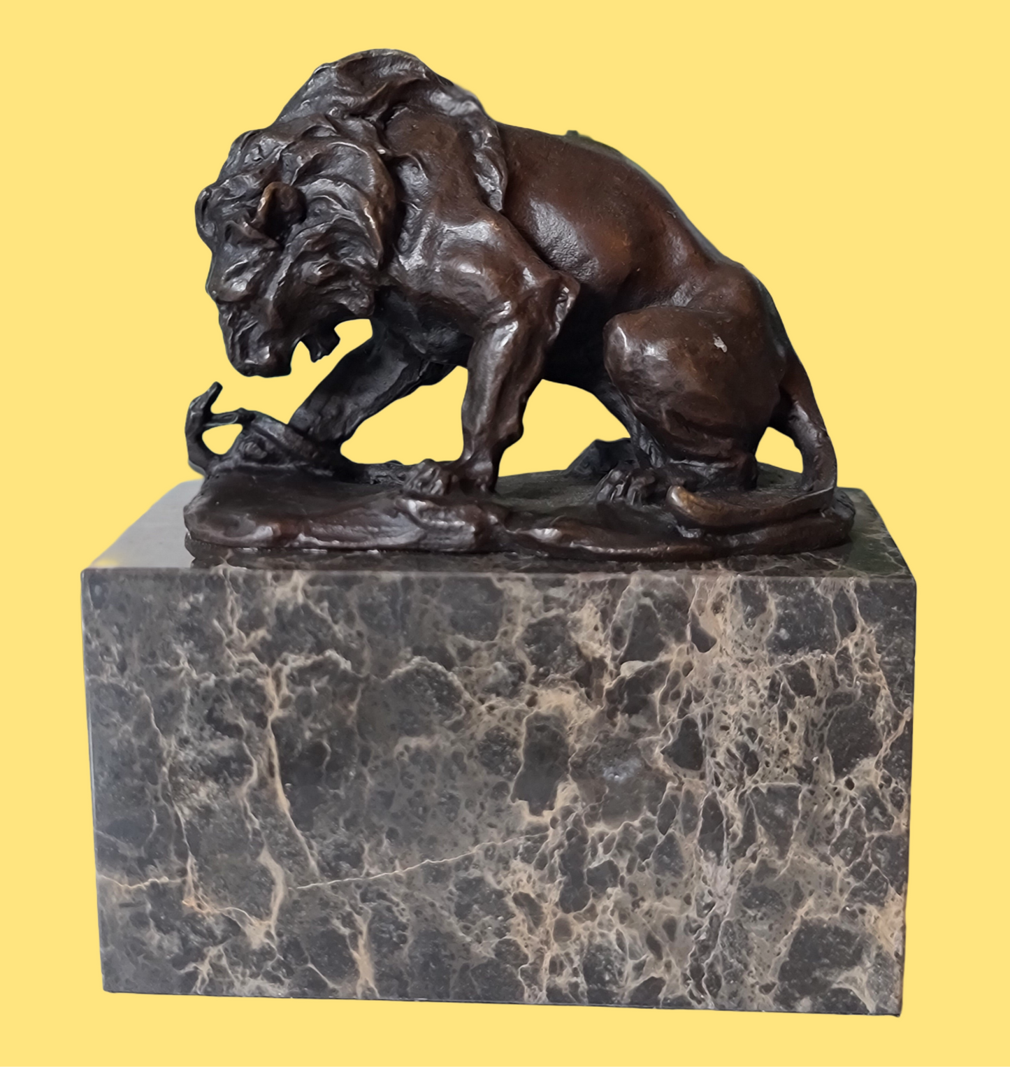 Snake & Lion Bronze Sculpture on marble base