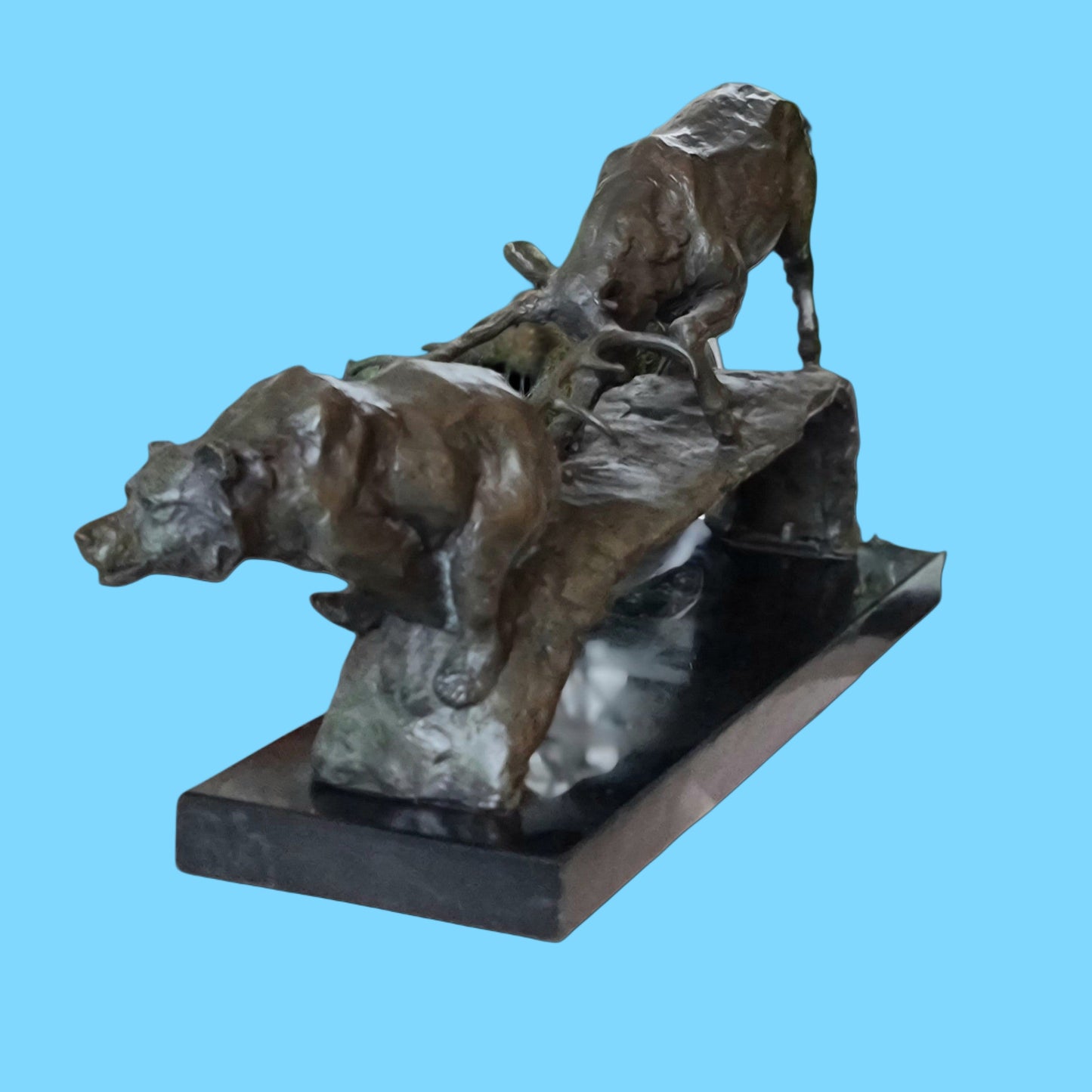 Elk vs Bear Bronze and Marble Sculpture
