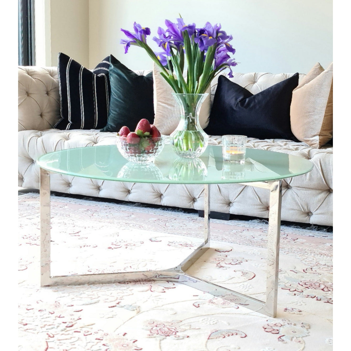 Olan Mirror Polished Stainless Steel Coffee Table with White Glass Top (pick up only)