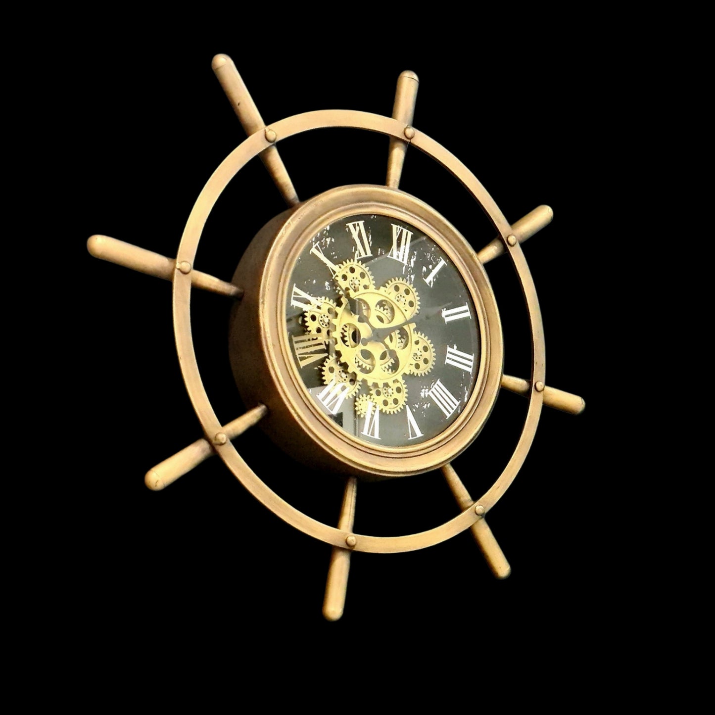 Golden Metal  Boat Wheel 68 Cm Roman Numeral Gear Moving Wall Clock