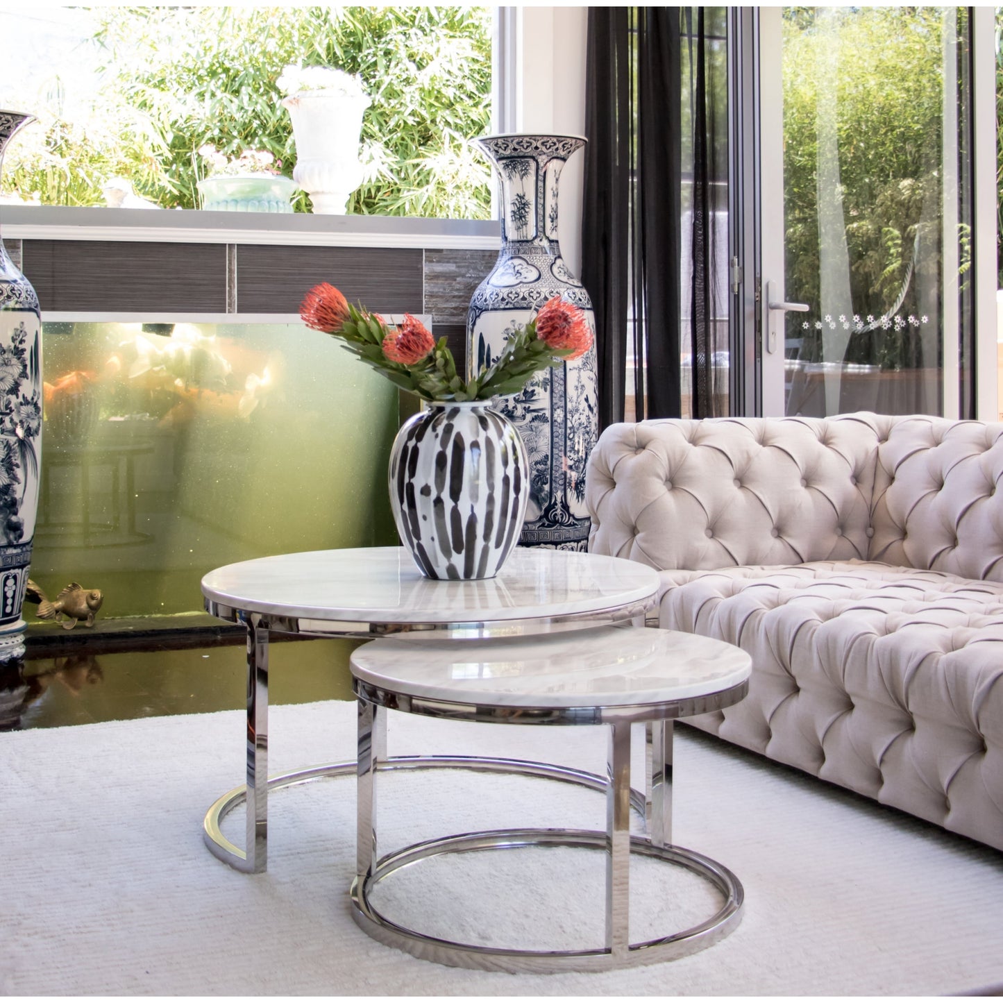 Edgar Mirror Polished Stainless Steel Table with White Marble Top