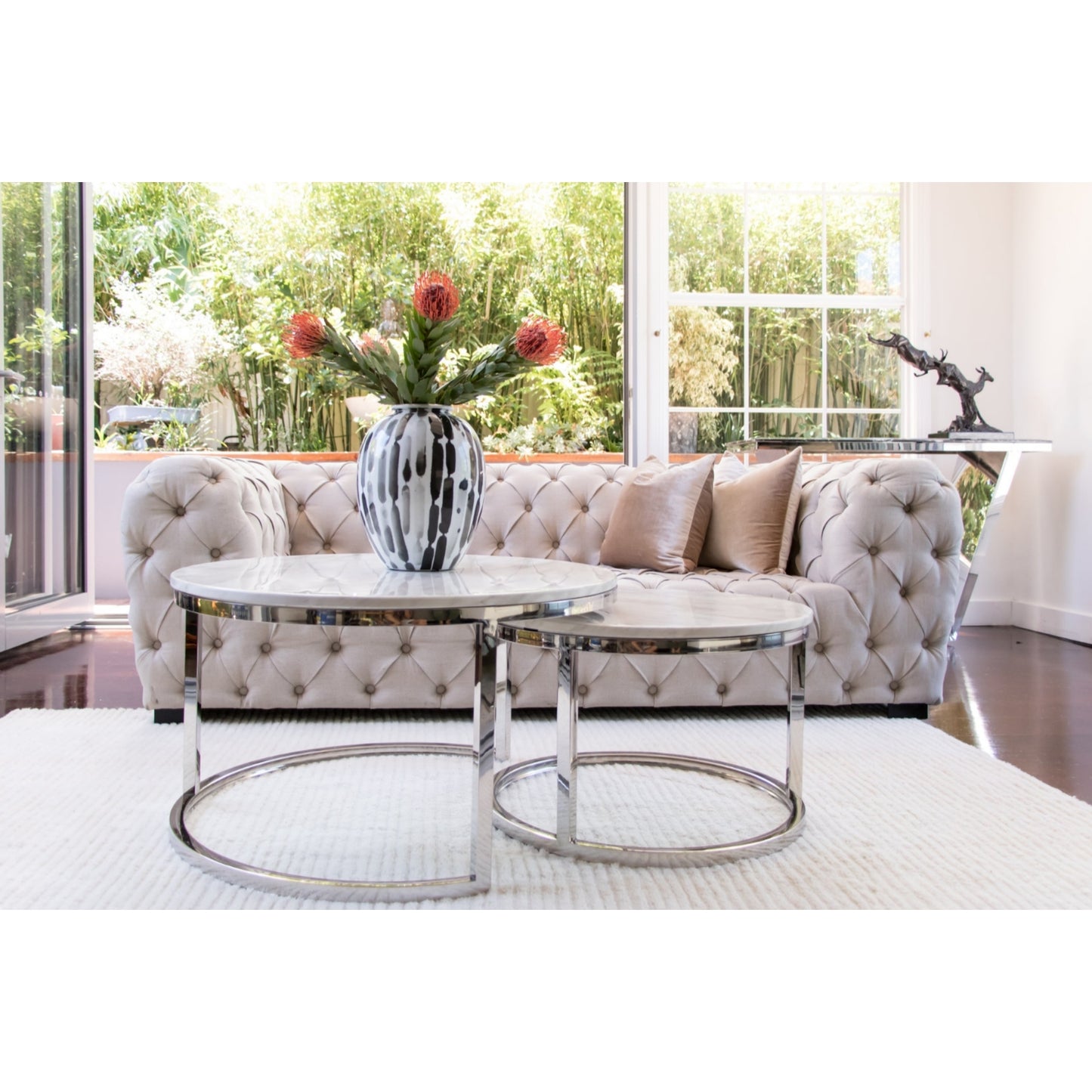 Edgar Mirror Polished Stainless Steel Table with White Marble Top