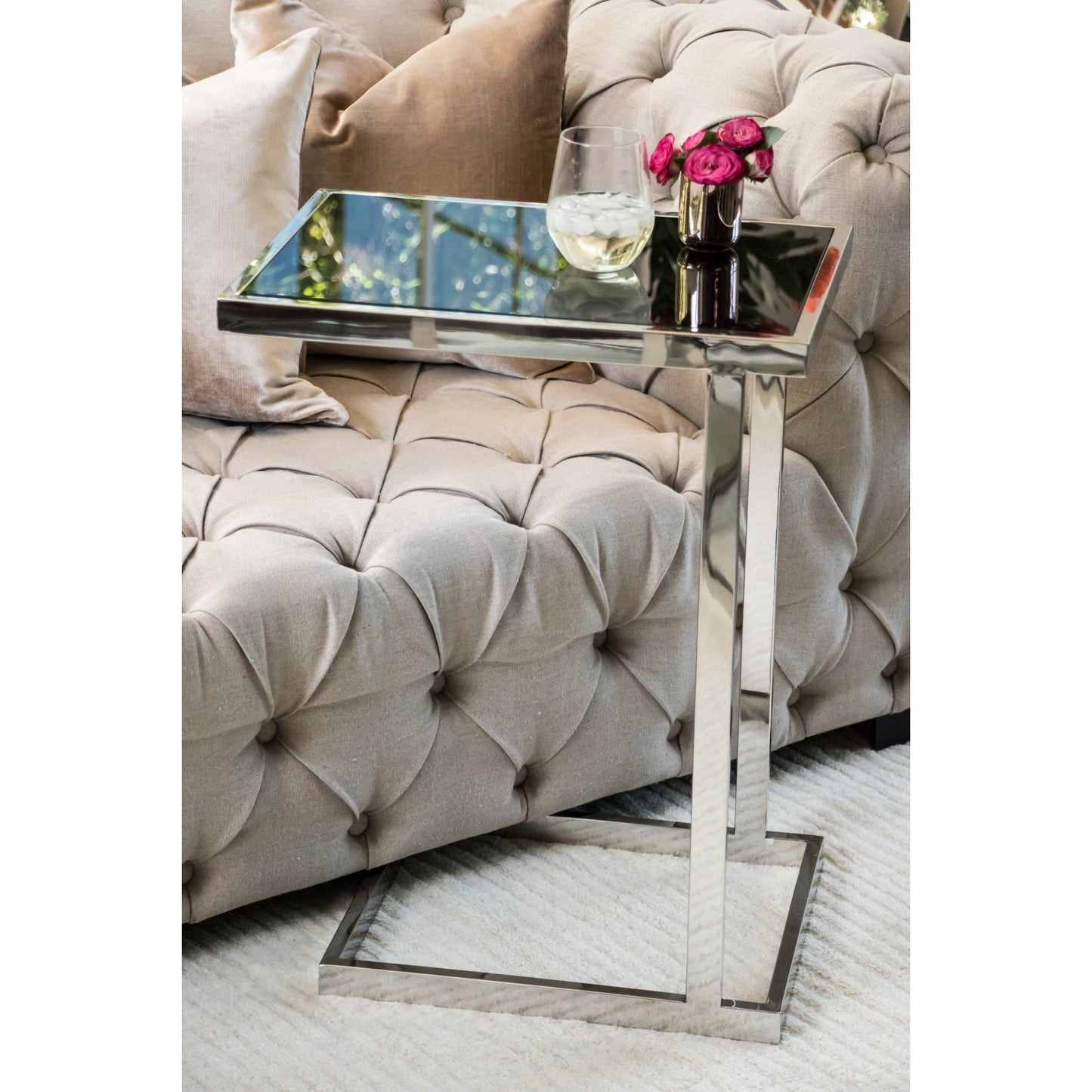 Stella Mirror Polished Stainless Steel Side Table with Black Tempered Glass