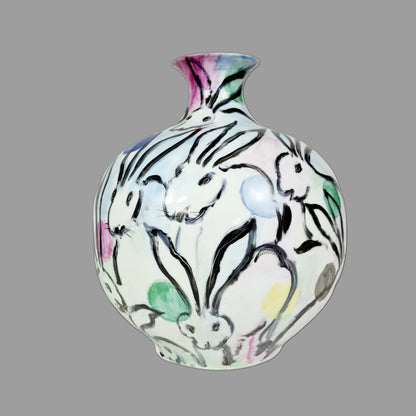 Large Hand Painted Vase Rabbits Grazing