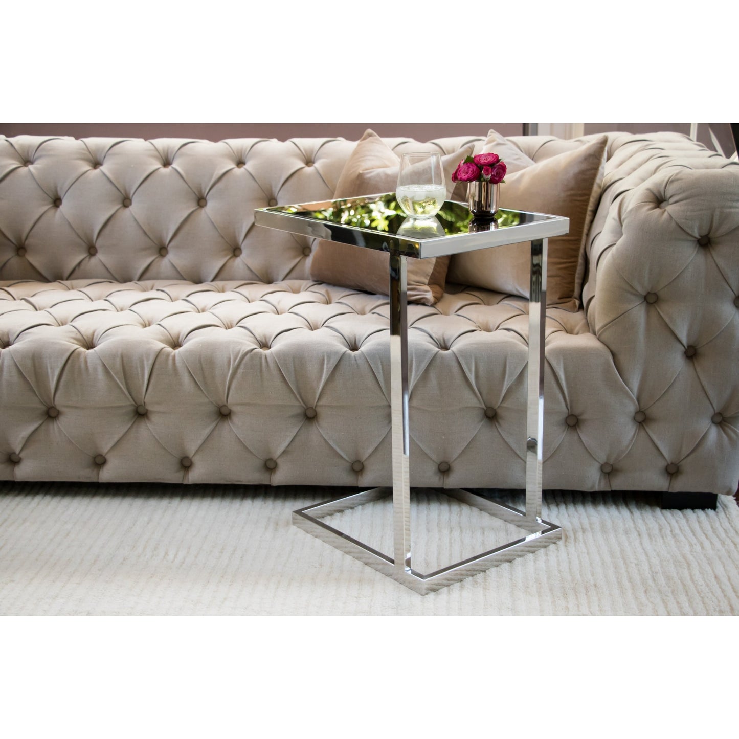 Stella Mirror Polished Stainless Steel Side Table with Black Tempered Glass