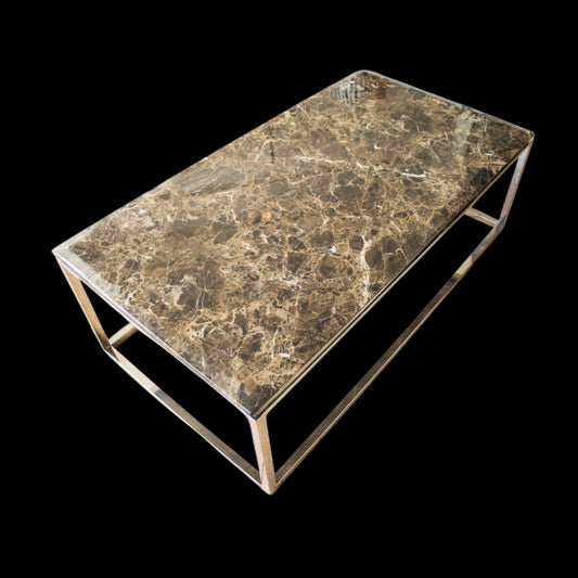 Hemin Mirror Polished Stainless Steel Coffee Table with Brown Marble Top (Pick up only)