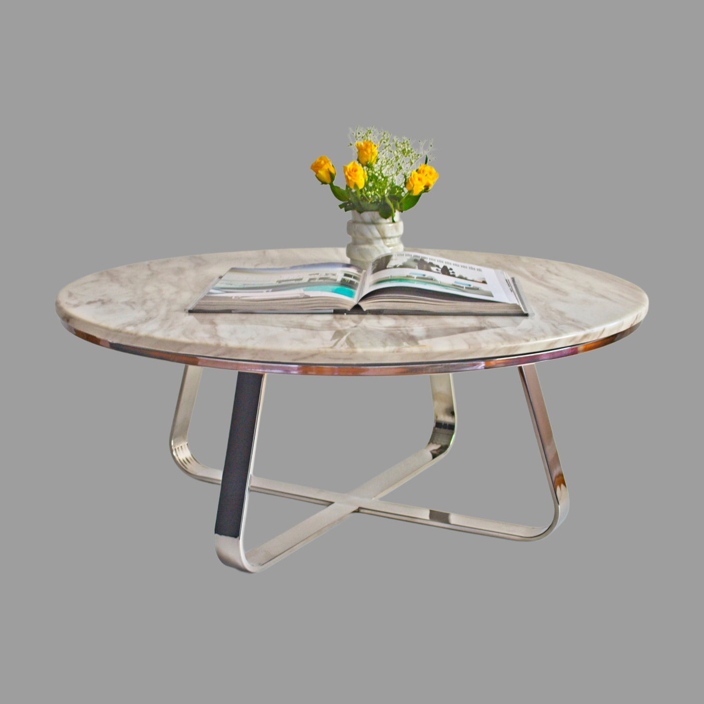 Roza Mirror Polished Stainless Steel or Gold Coffee Table with White Marble Top (Pick up only)