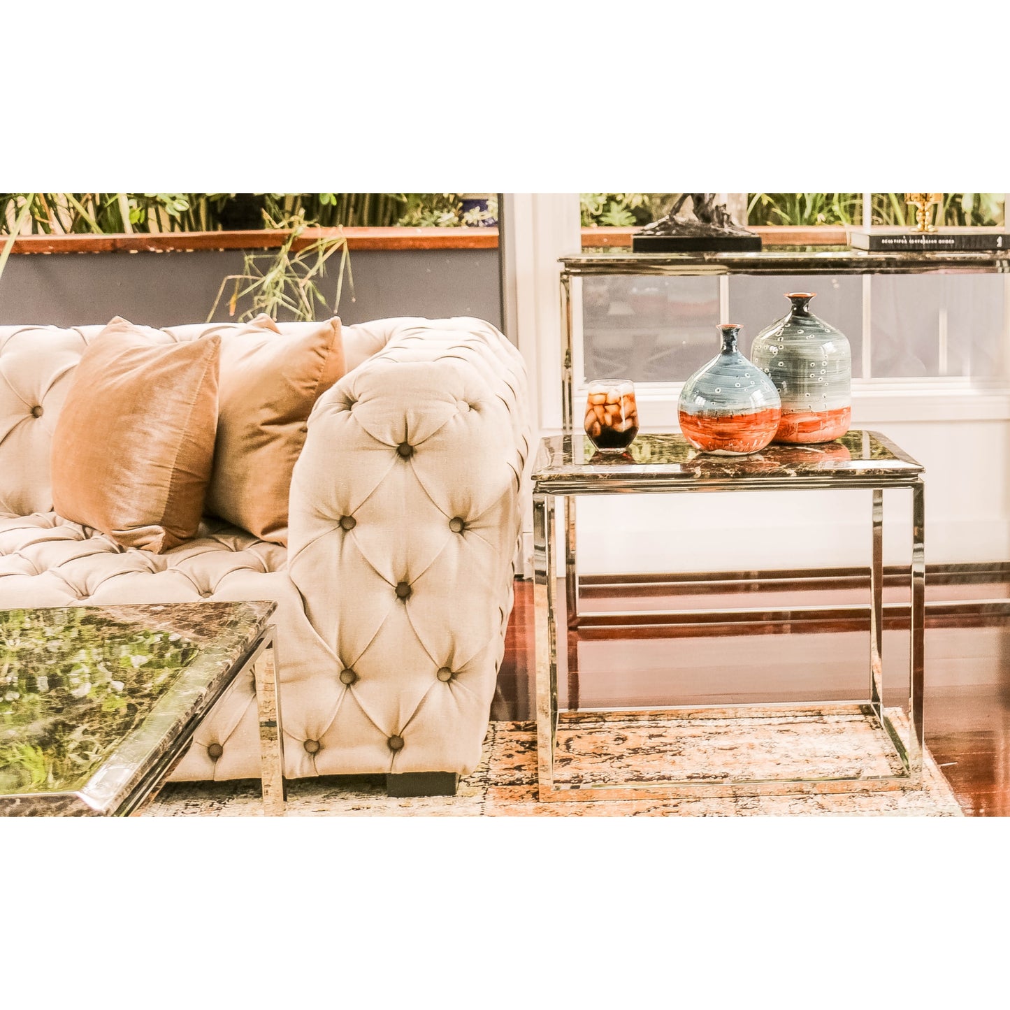 Zivan Mirror Polished Stainless Steel Side Table with Brown Marble Top