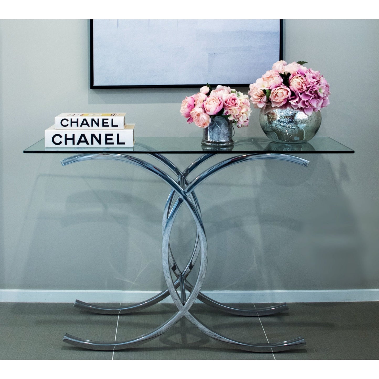 Corry Mirror Polished Stainless Steel Console with Clear Glass Top