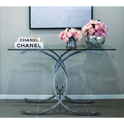 Corry Mirror Polished Stainless Steel Console with Clear Glass Top