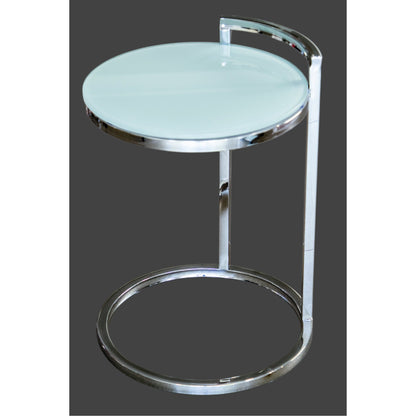 A stainless steel side table with a mirror polished finish and a white tempered glass top.