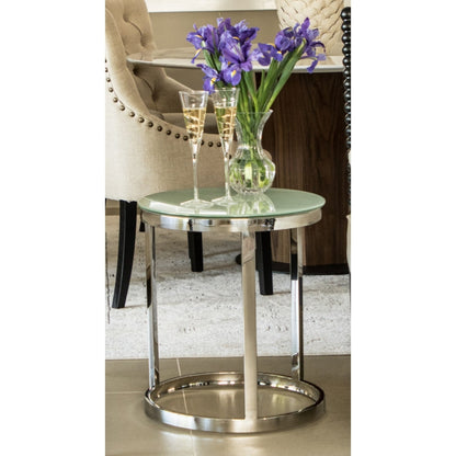 Tela Polished Stainless Steel Side Table with White or Clear Tempered Glass Top