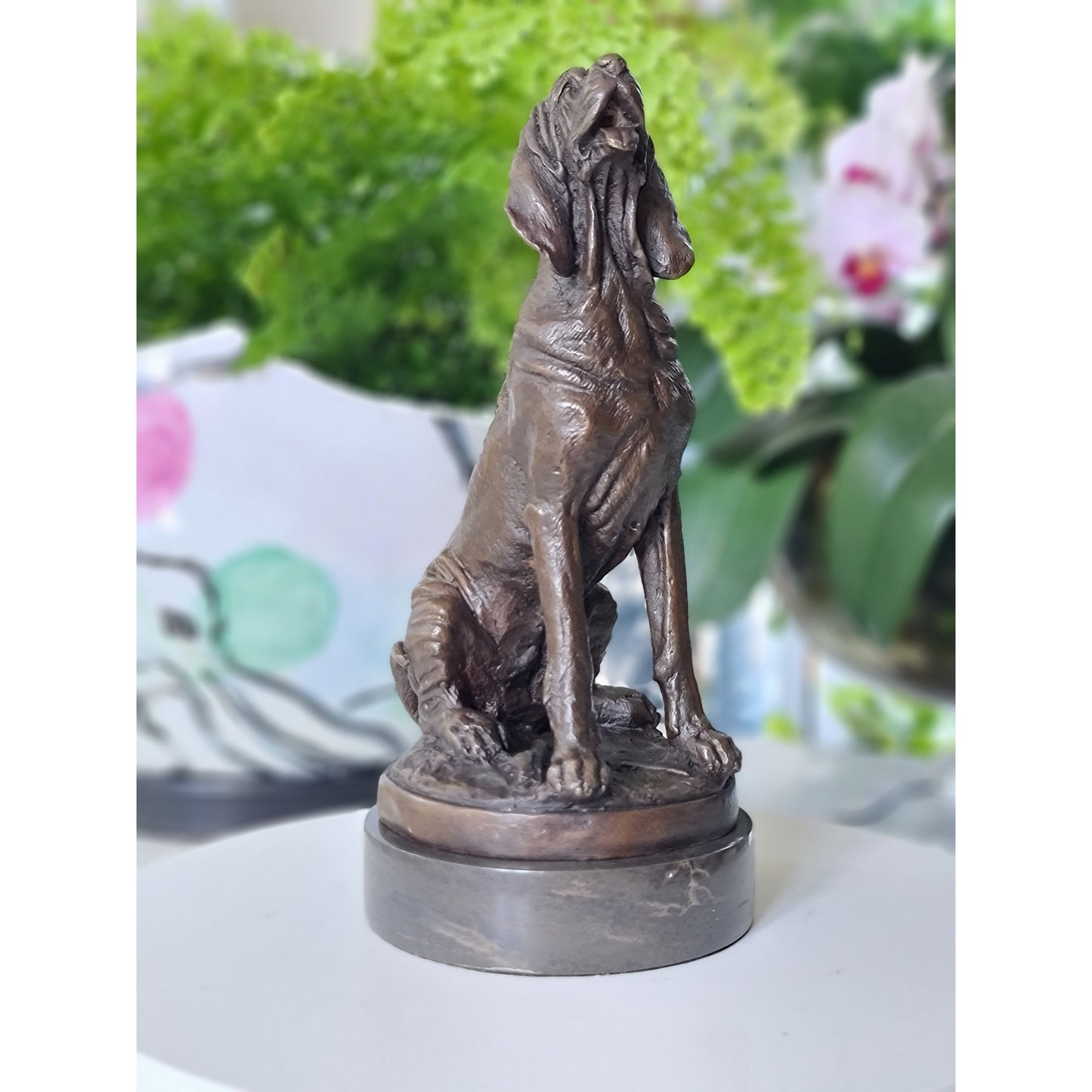 Bronze Sculpture of Dog, Hunting Dog  on Marble Top