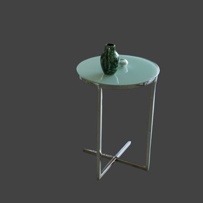Zara Mirror Polished Stainless Steel Side Table with White Tempered Glass