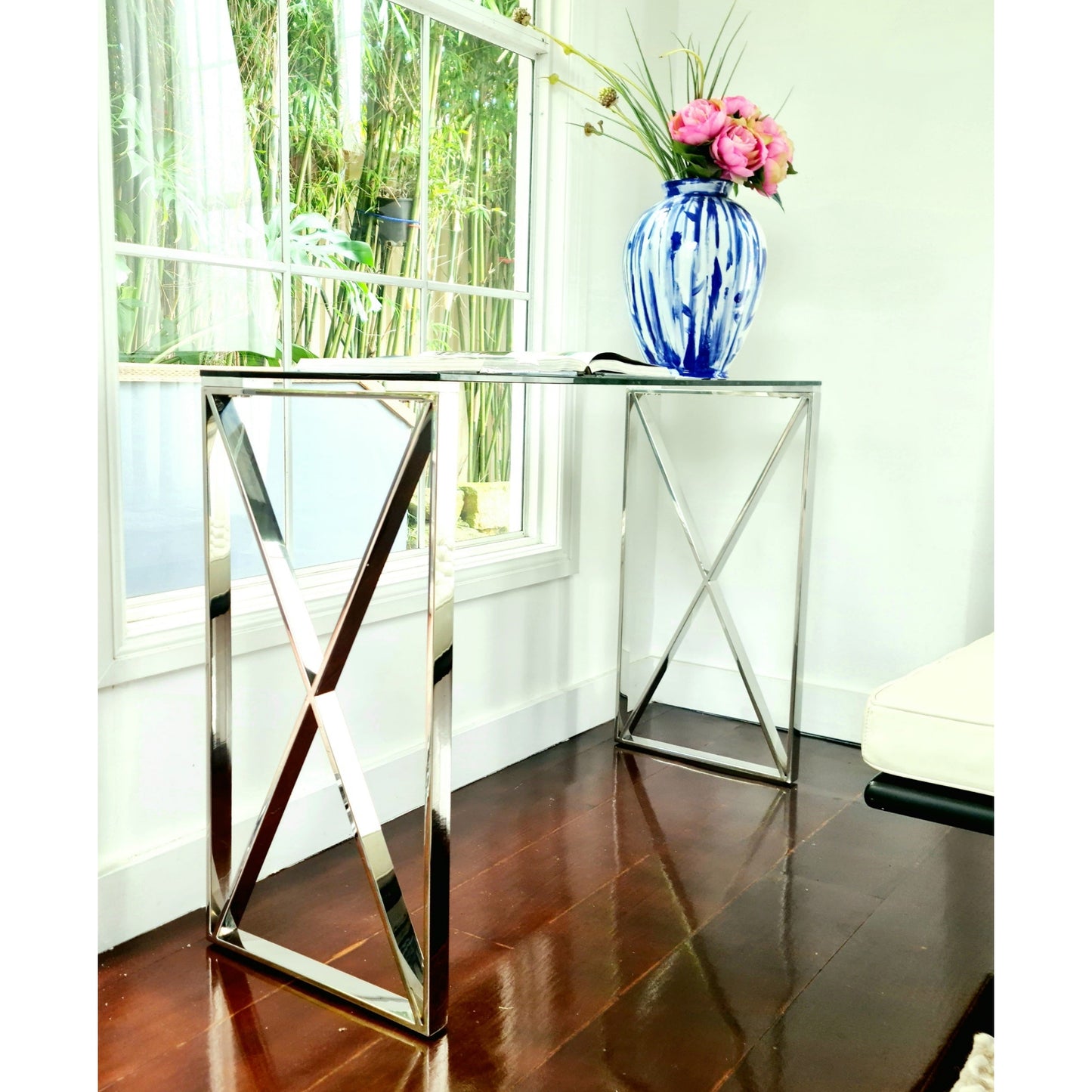 Tara Polished Stainless Steel Console with Clear Glass Top