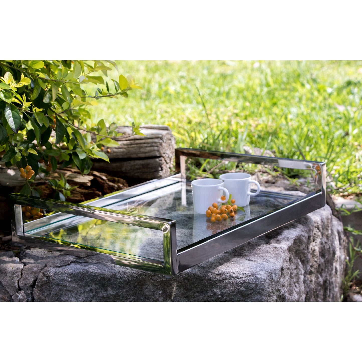 Siti Mirror Polished Stainless Steel Tray with Clear Tempered Glass