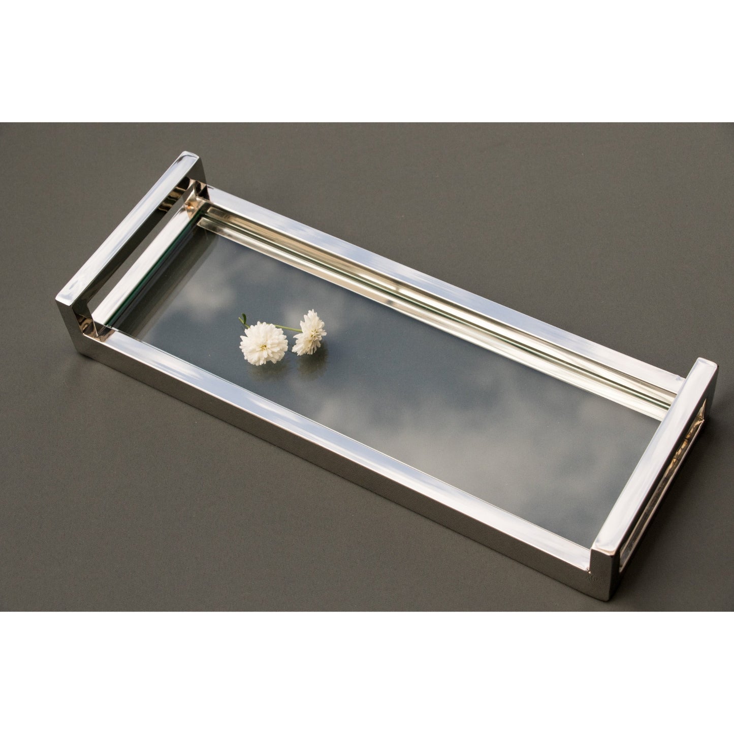 Siti Mirror Polished Stainless Steel Tray with Clear Tempered Glass