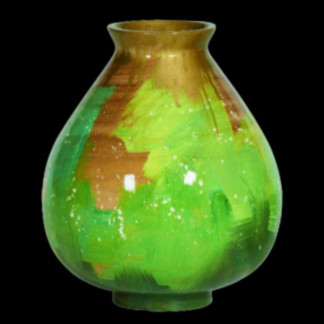 Small Hand painted, Handmade Wooden Vase: Gold & Green