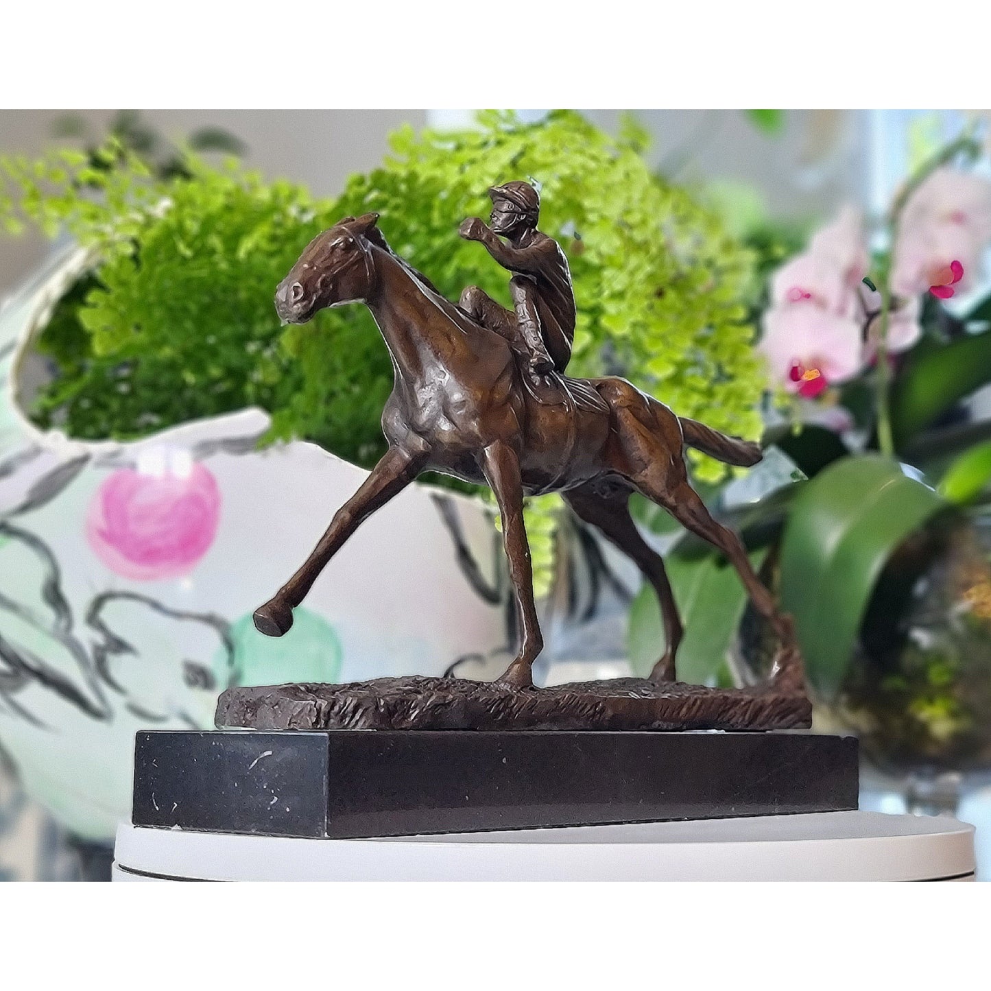 Horse & Jockey Bronze Statue on Marble Base