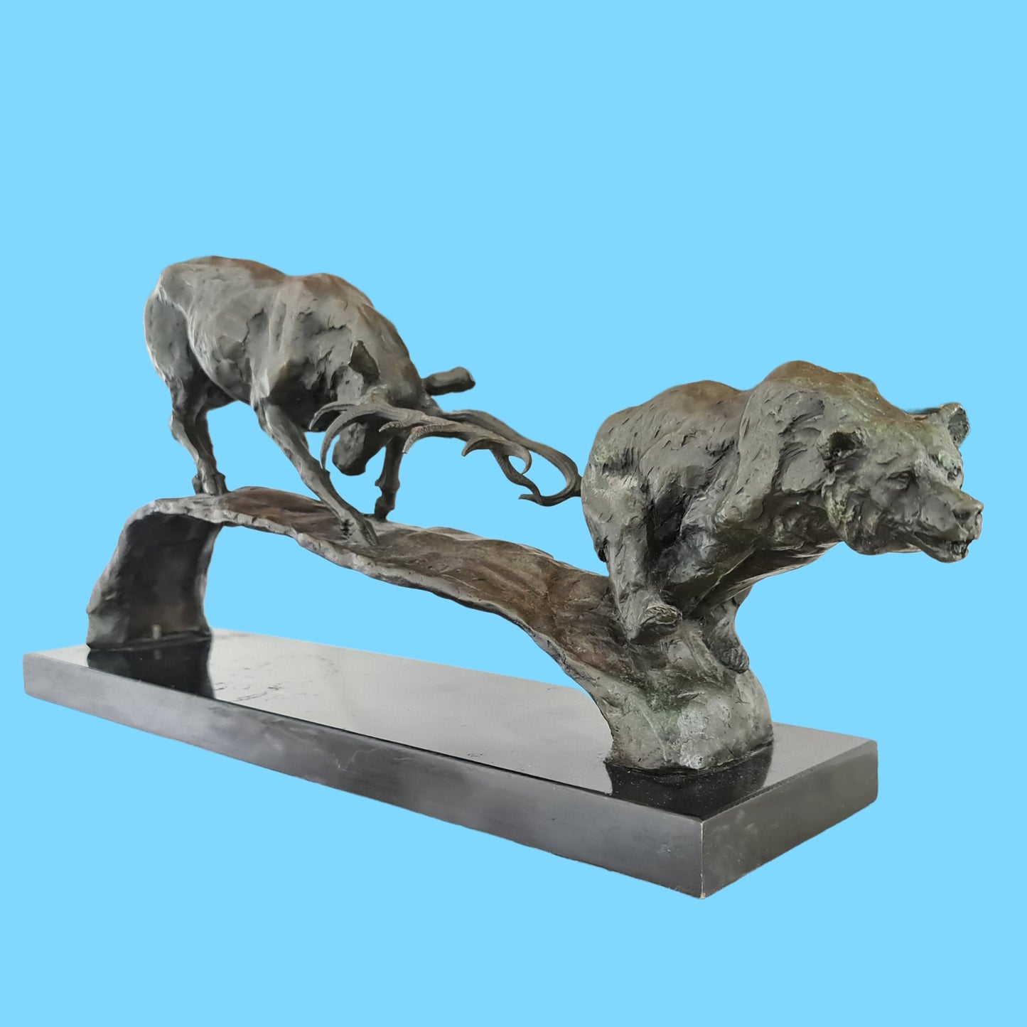 Elk vs Bear Bronze and Marble Sculpture