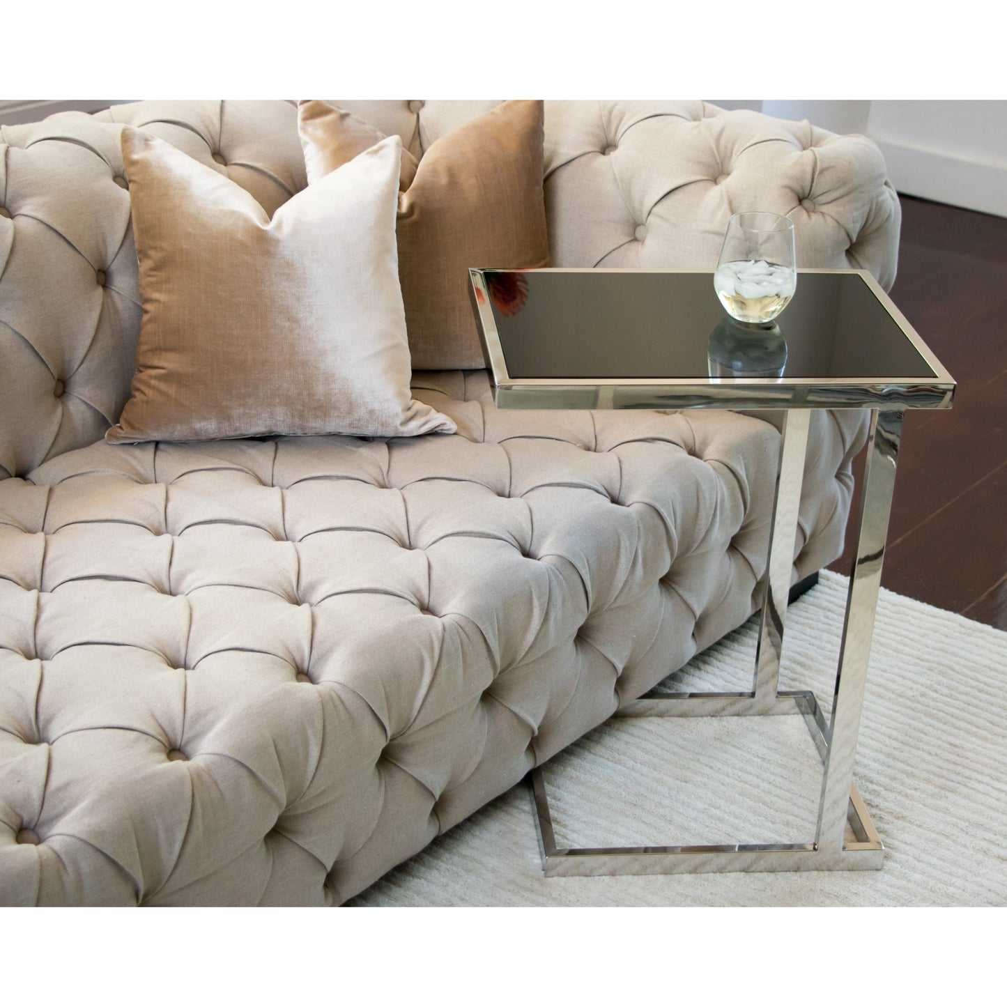 Stella Mirror Polished Stainless Steel Side Table with Black Tempered Glass