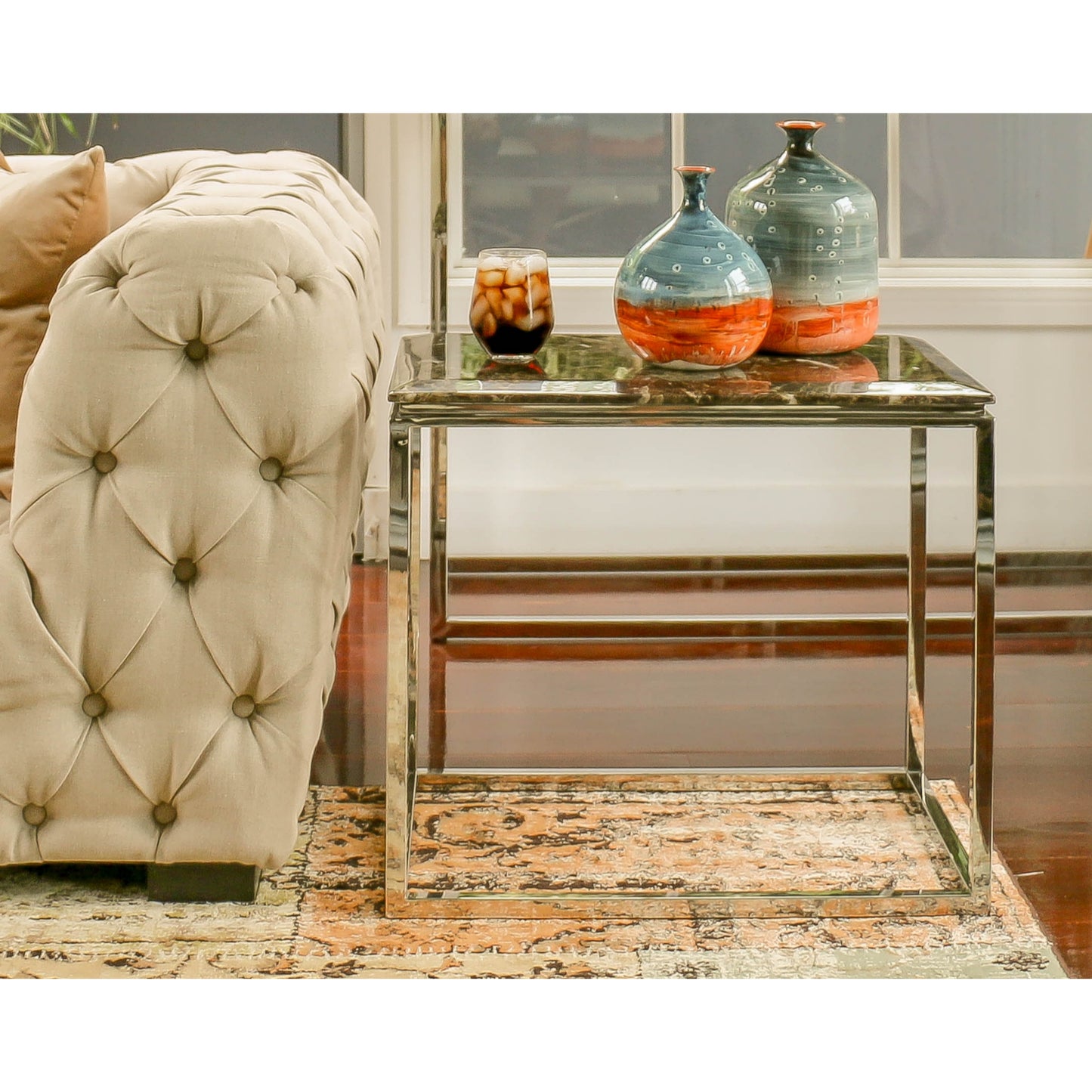 Zivan Mirror Polished Stainless Steel Side Table with Brown Marble Top