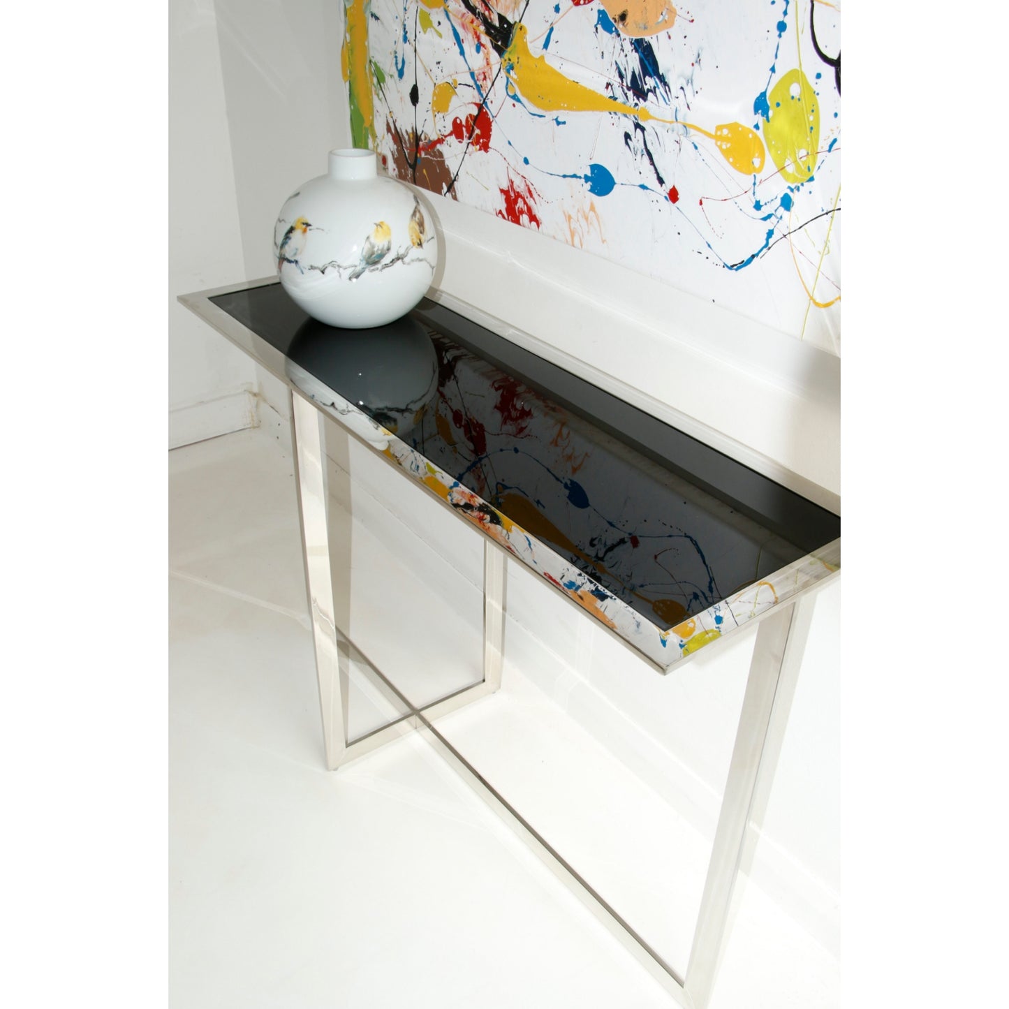 Dalas Mirror Polished Stainless Steel Console with Black Glass Top (pick up only)