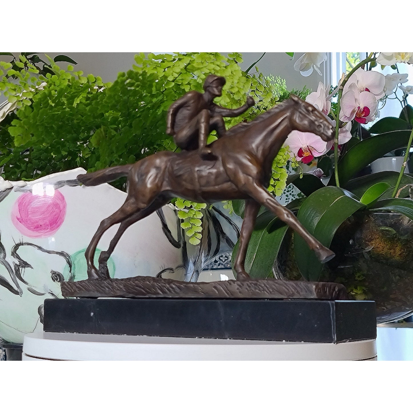 Horse & Jockey Bronze Statue on Marble Base