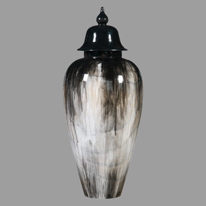A large hand-painted wooden pet urn with a glossy finish, featuring a black top and a gradient of white to black colors.