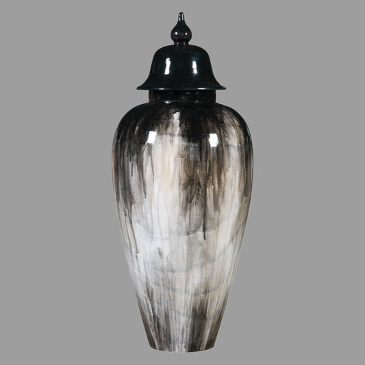 A large hand-painted wooden pet urn with a glossy finish, featuring a black top and a gradient of white to black colors.