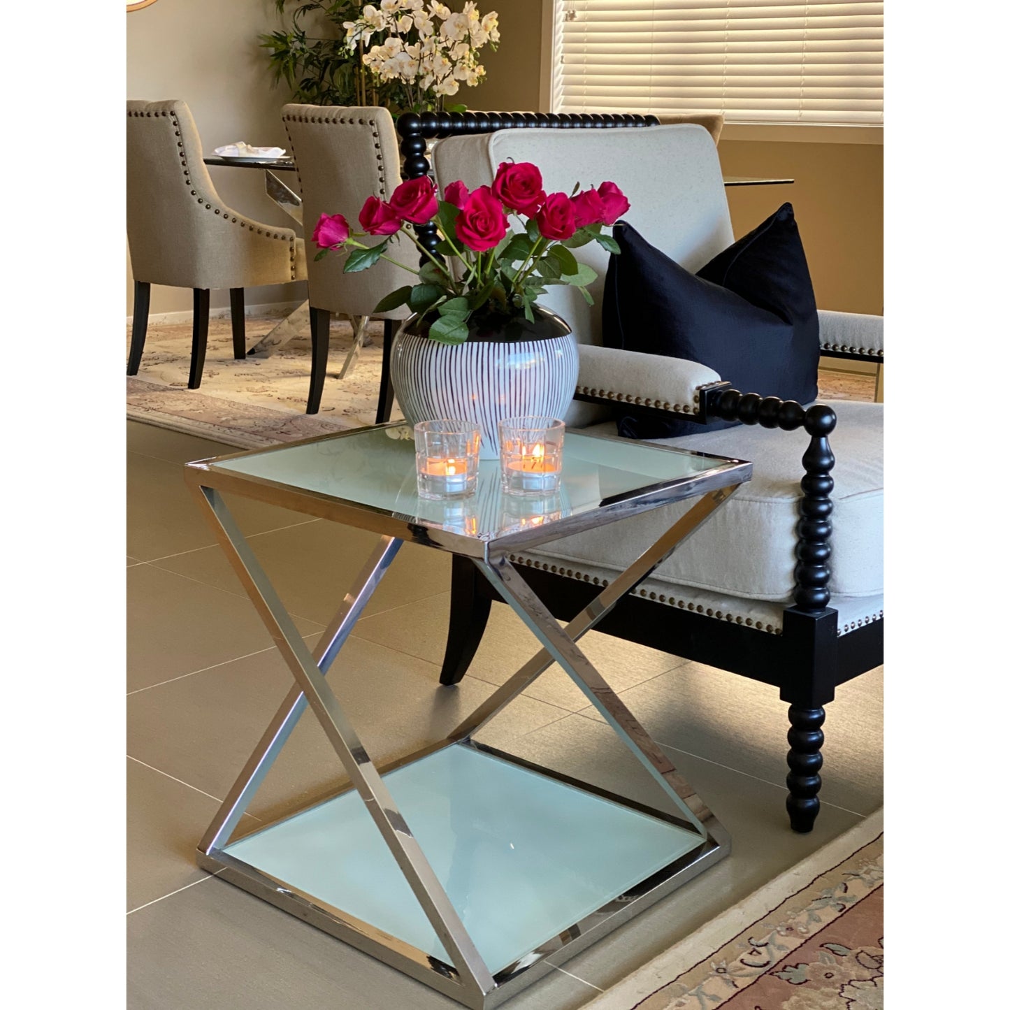 Nela Polished Stainless Steel Side Table W/ White Tempered Glass