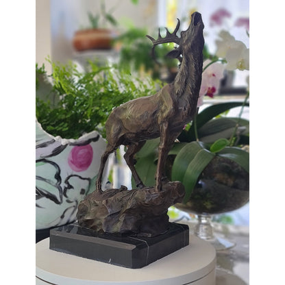 Art Elk Stag Buck Deer Hunter Bronze Marble Base Sculpture