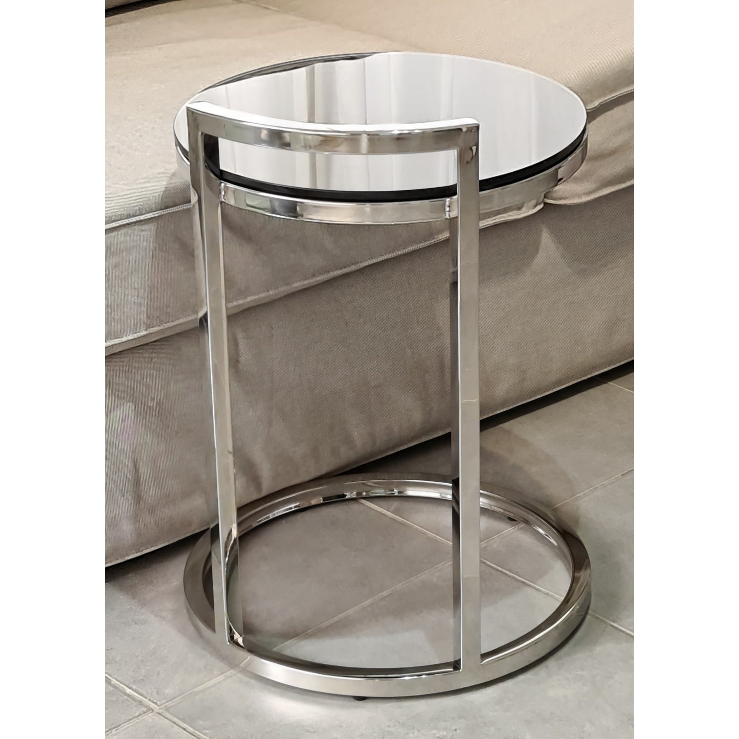 Azda Mirror Polished Stainless Steel Side Table with Black Tempered Glass