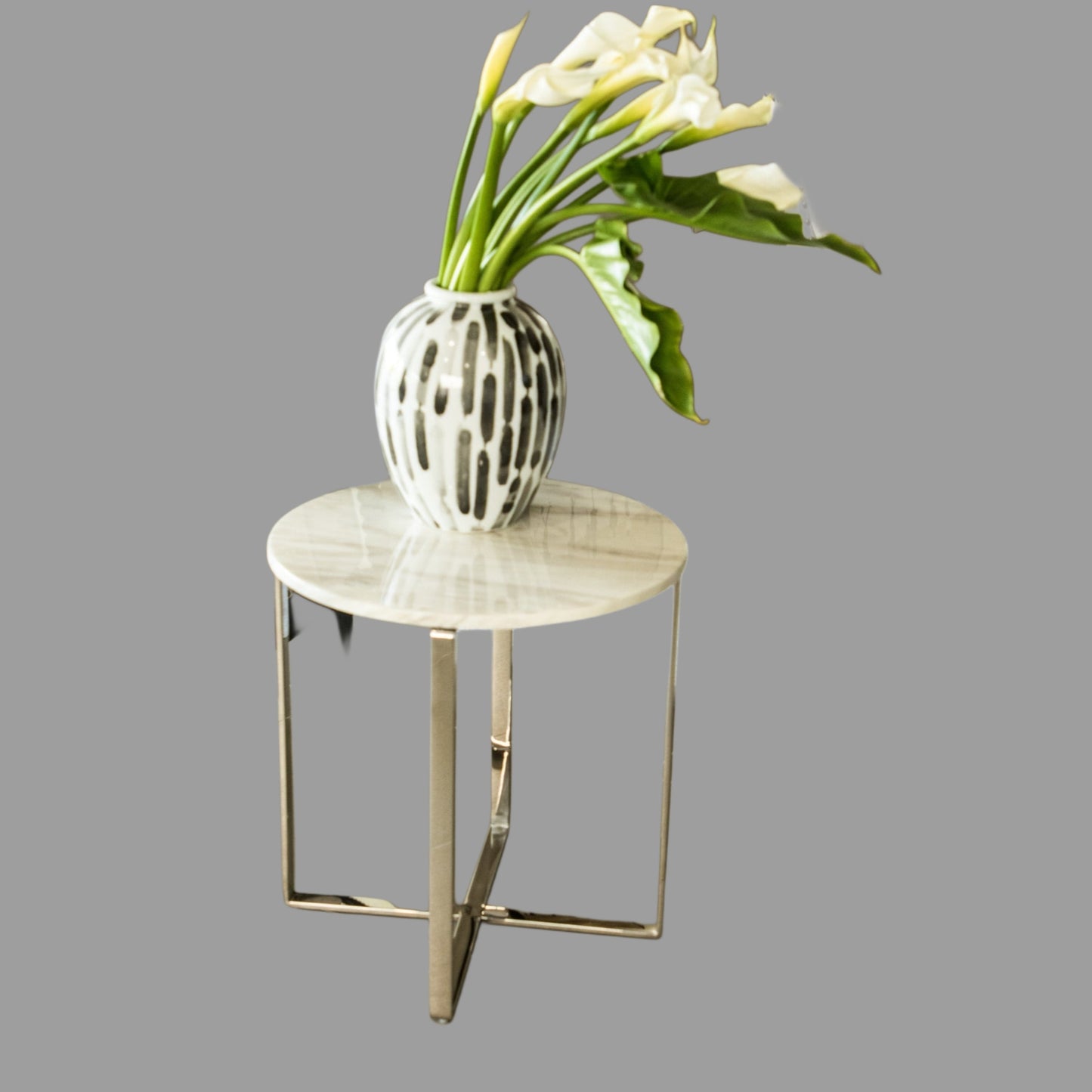 Sarya Mirror Polished Stainless Steel Side Table with White Marble Top