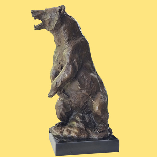Bronze Sculpture Of Grizzly / Brown Bear On Solid Marble Base
