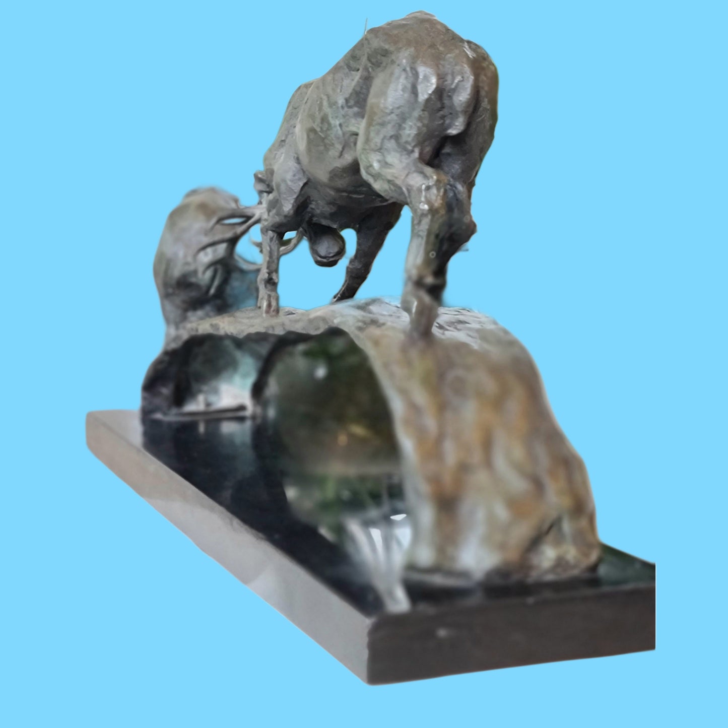 Elk vs Bear Bronze and Marble Sculpture
