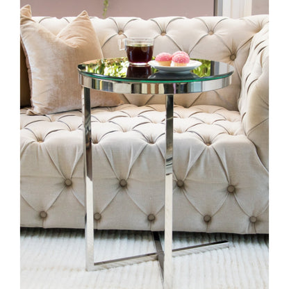Zara Mirror Polished Stainless Steel Side Table with Black Tempered Glass