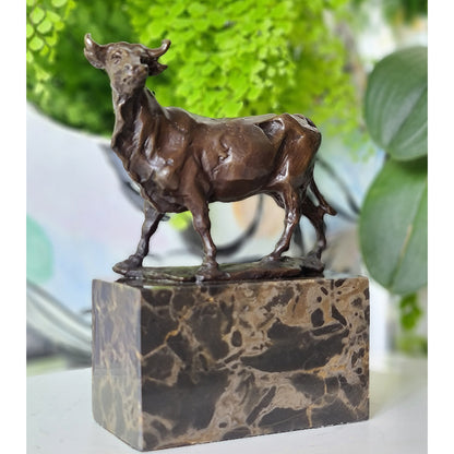 Cow Bronze Sculpture Handcrafted Deco Art On Marble