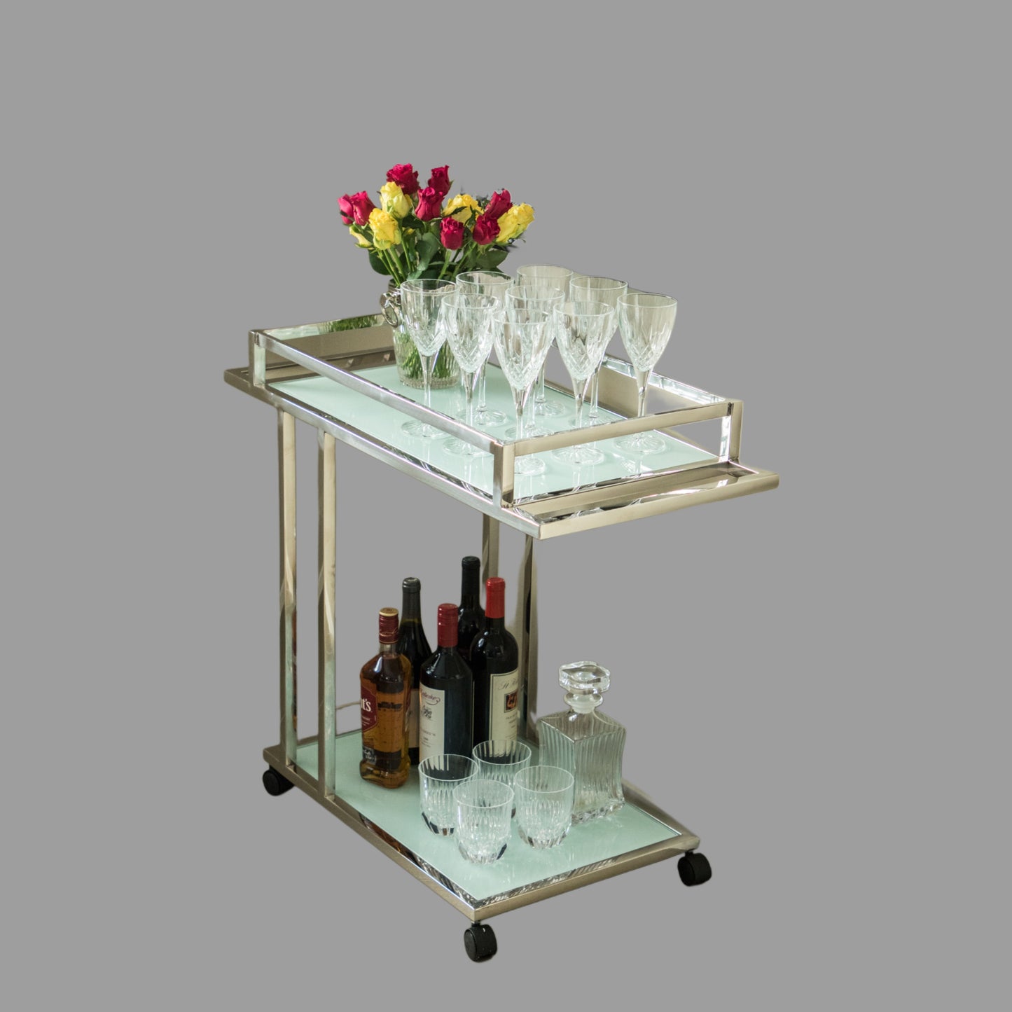 Aro Stainless Steel Drinking Trolley with White Tempered Glass (Pick up only)