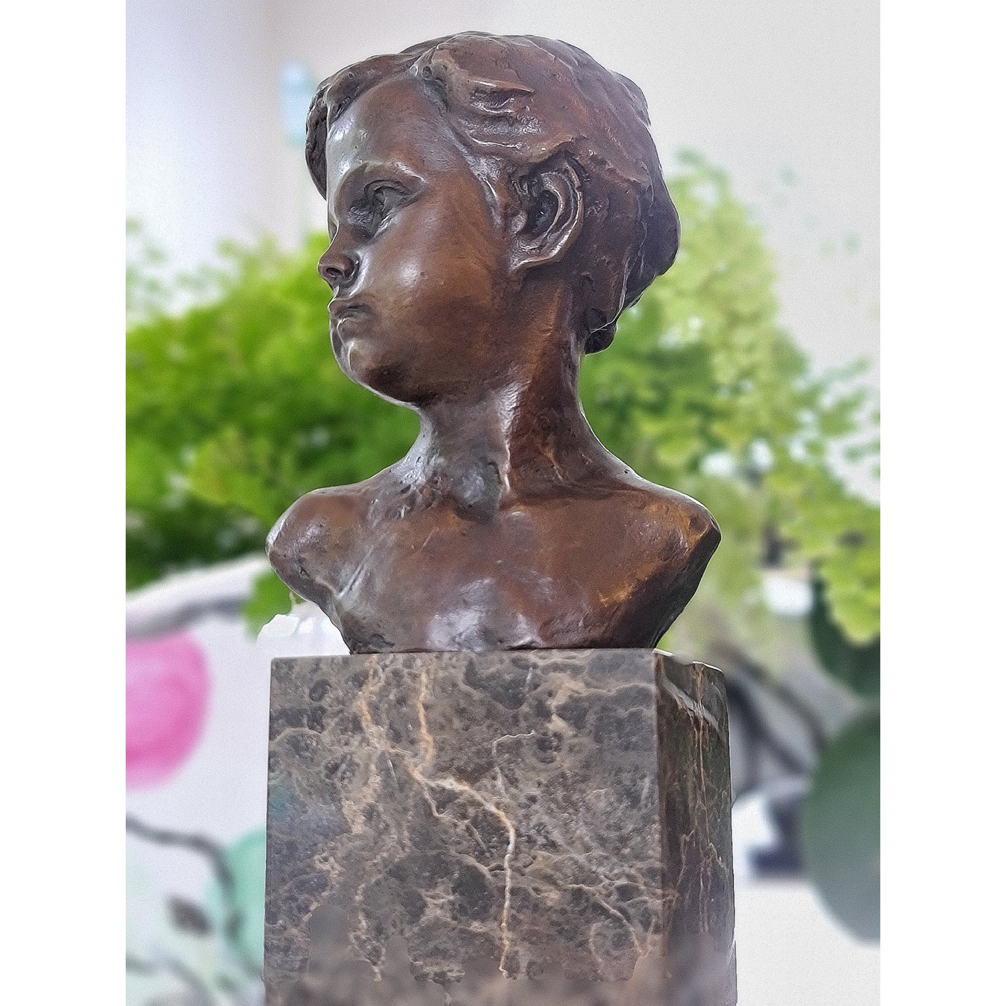 Bronze Sculpture Bust of a Boy Cherub on Marble Base