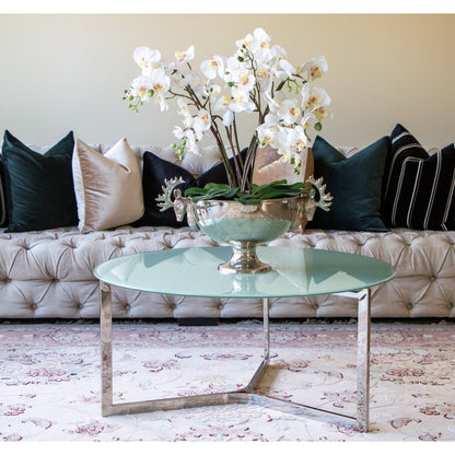 Olan Mirror Polished Stainless Steel Coffee Table with White Glass Top (pick up only)