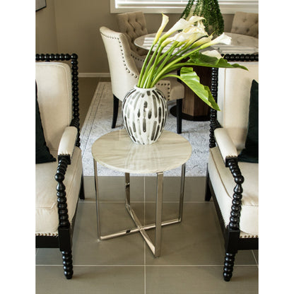 Sarya Mirror Polished Stainless Steel Side Table with White Marble Top