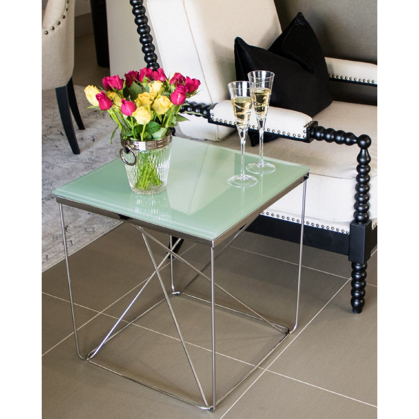 Avesta Mirror Polished Stainless Steel Side Table with White Glass Top