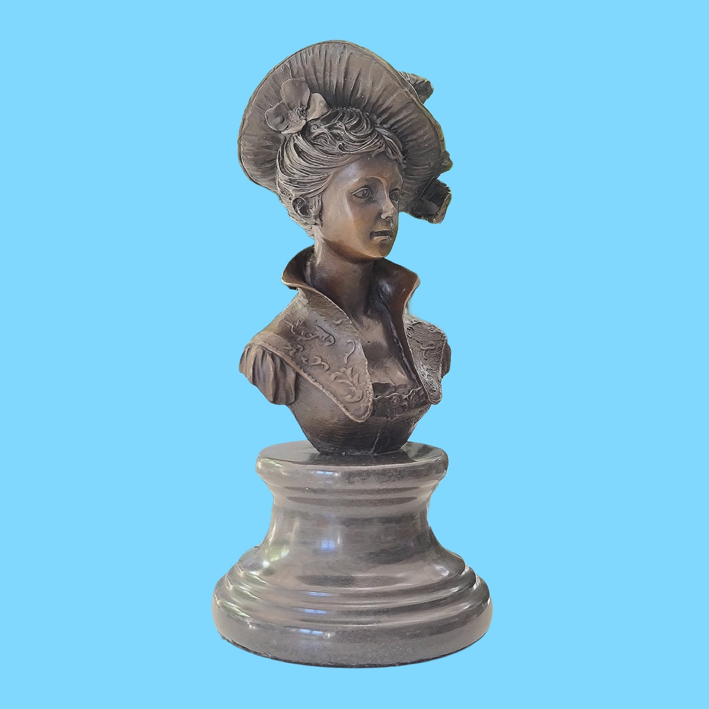 Victorian Portrait Lady Woman Hat Bust Bronze Marble Statue Sculpture