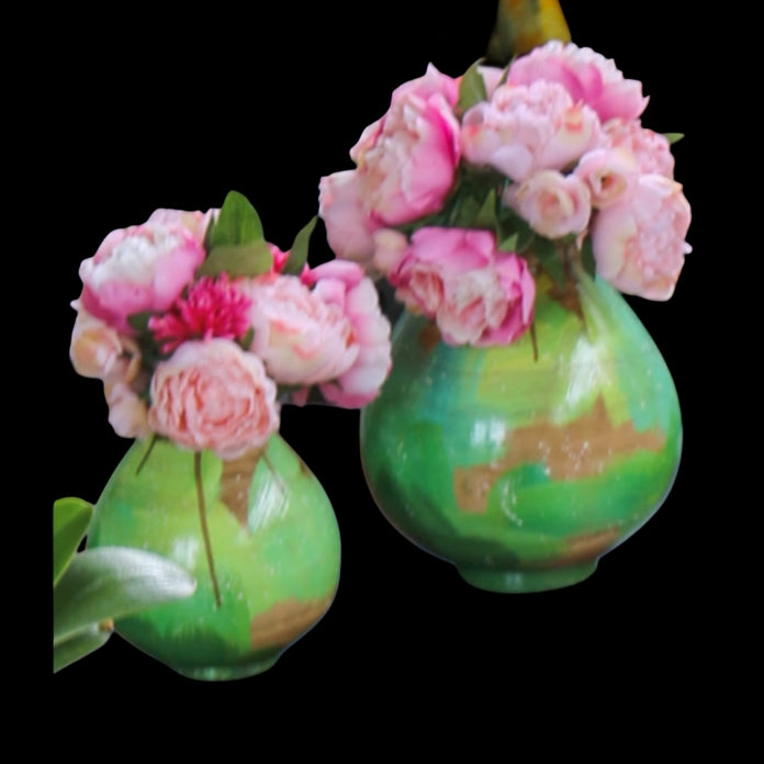 Handpaintned, Handmade Wooden Vase: Gold & Green